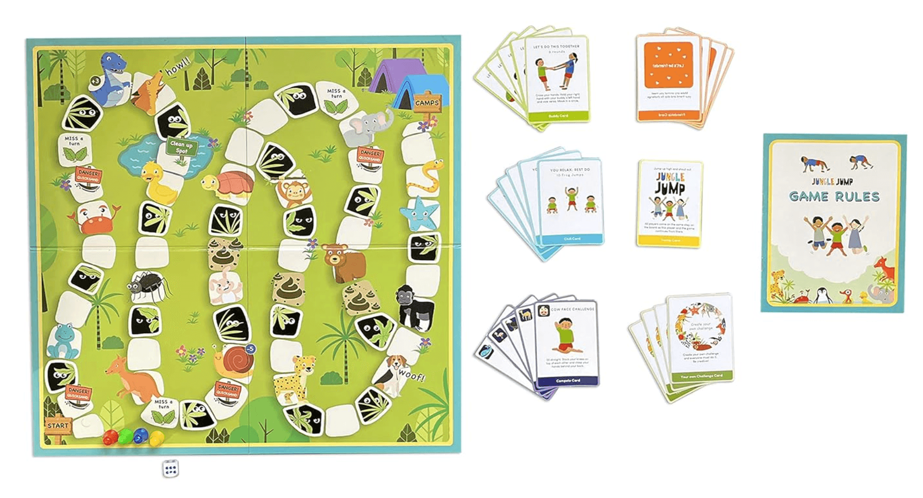 Jungle Jump box contents: board, cards, pieces, dice and rules